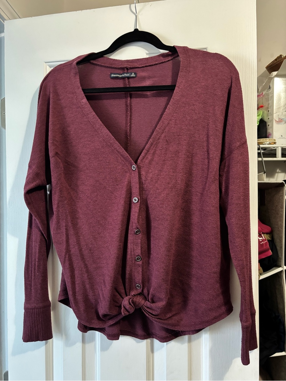 Abercrombie & Fitch Women's Burgundy Maroon Button-Front Tie Hem Top